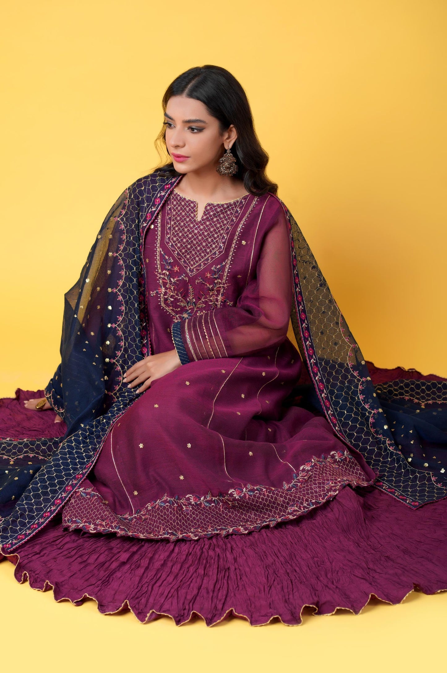 3 Pieces Unstitched Embroidered Khadi Net Suit