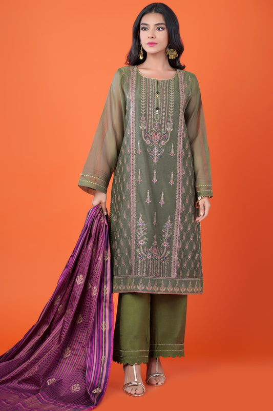 3 Piece Unstitched Embroidered Khadi Net Suit