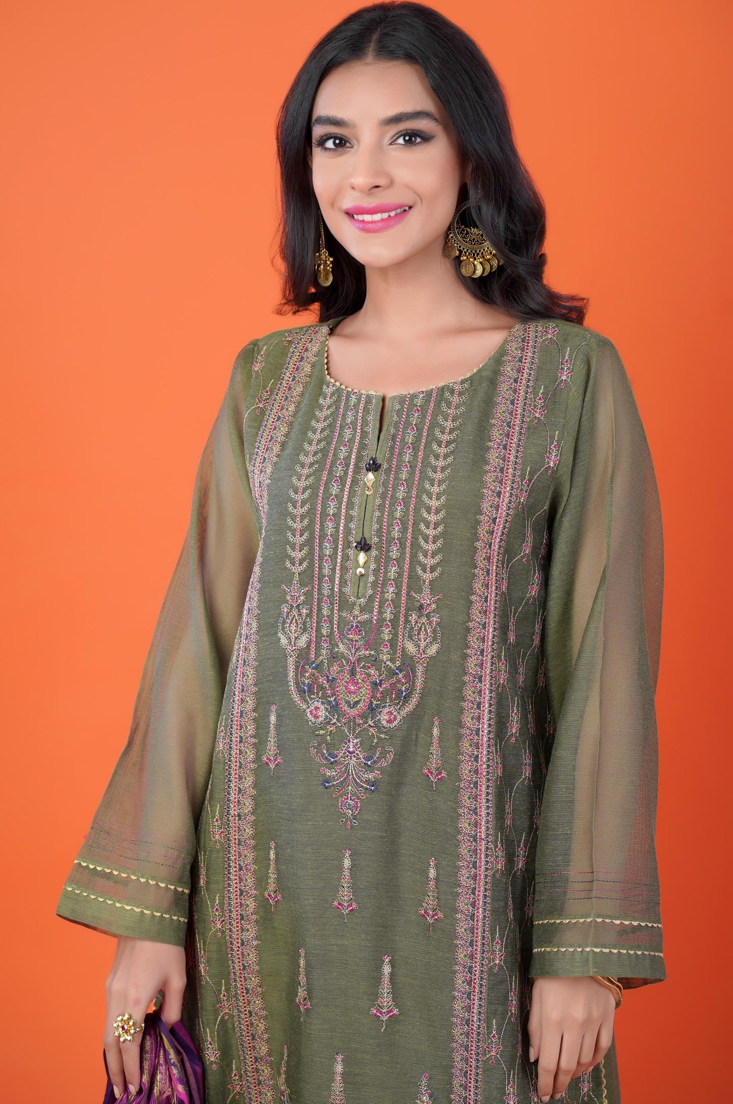 3 Piece Unstitched Embroidered Khadi Net Suit