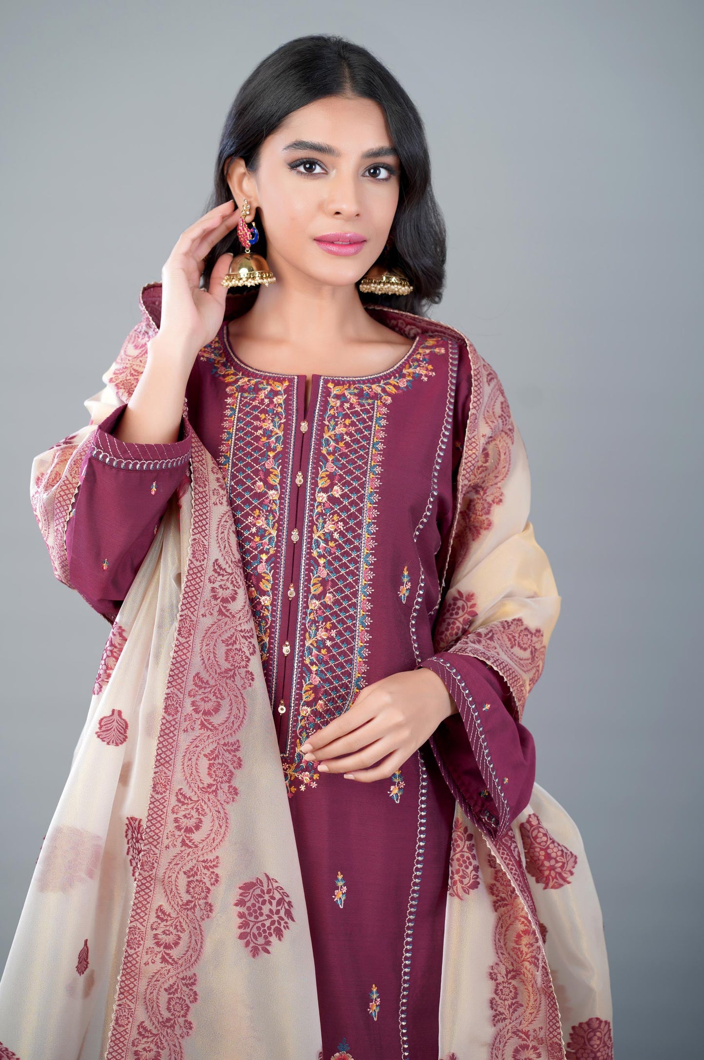3 Piece Unstitched Embroidered Cotton Silk Suit
