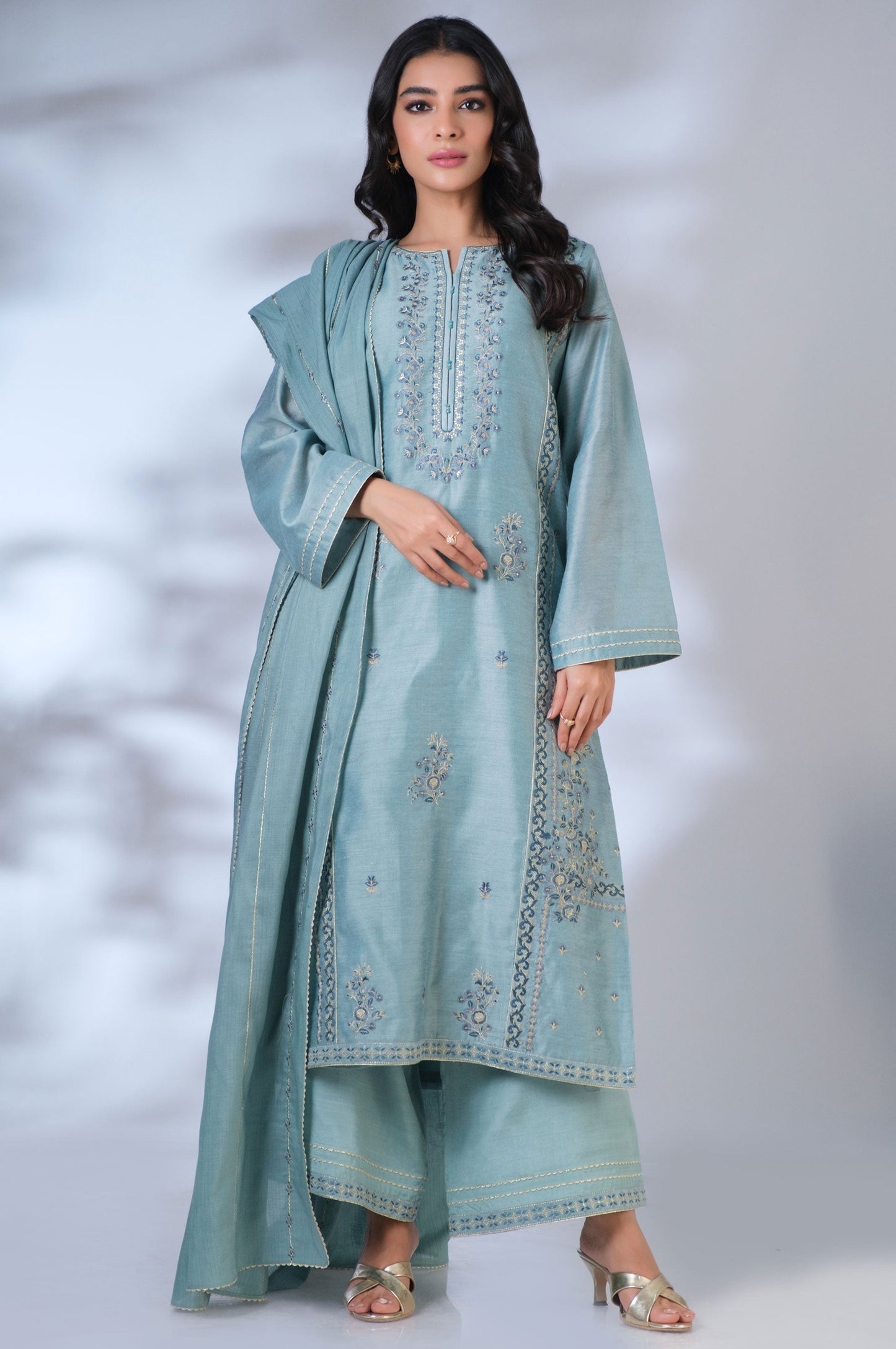 Unstitched 3 Piece Embroidered Cotton Net Suit