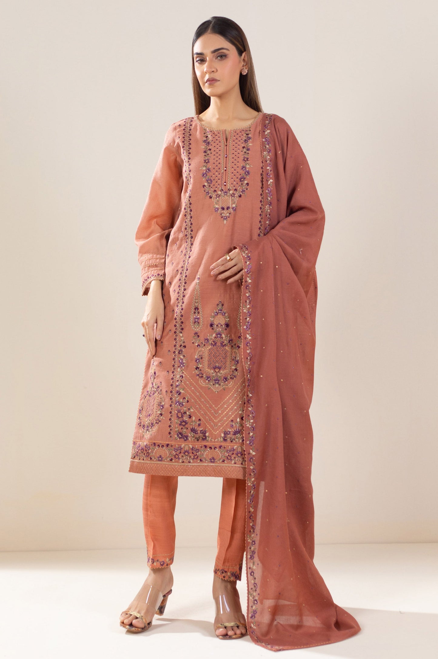 3 Piece Unstitched Embroidered Cotton Net Suit