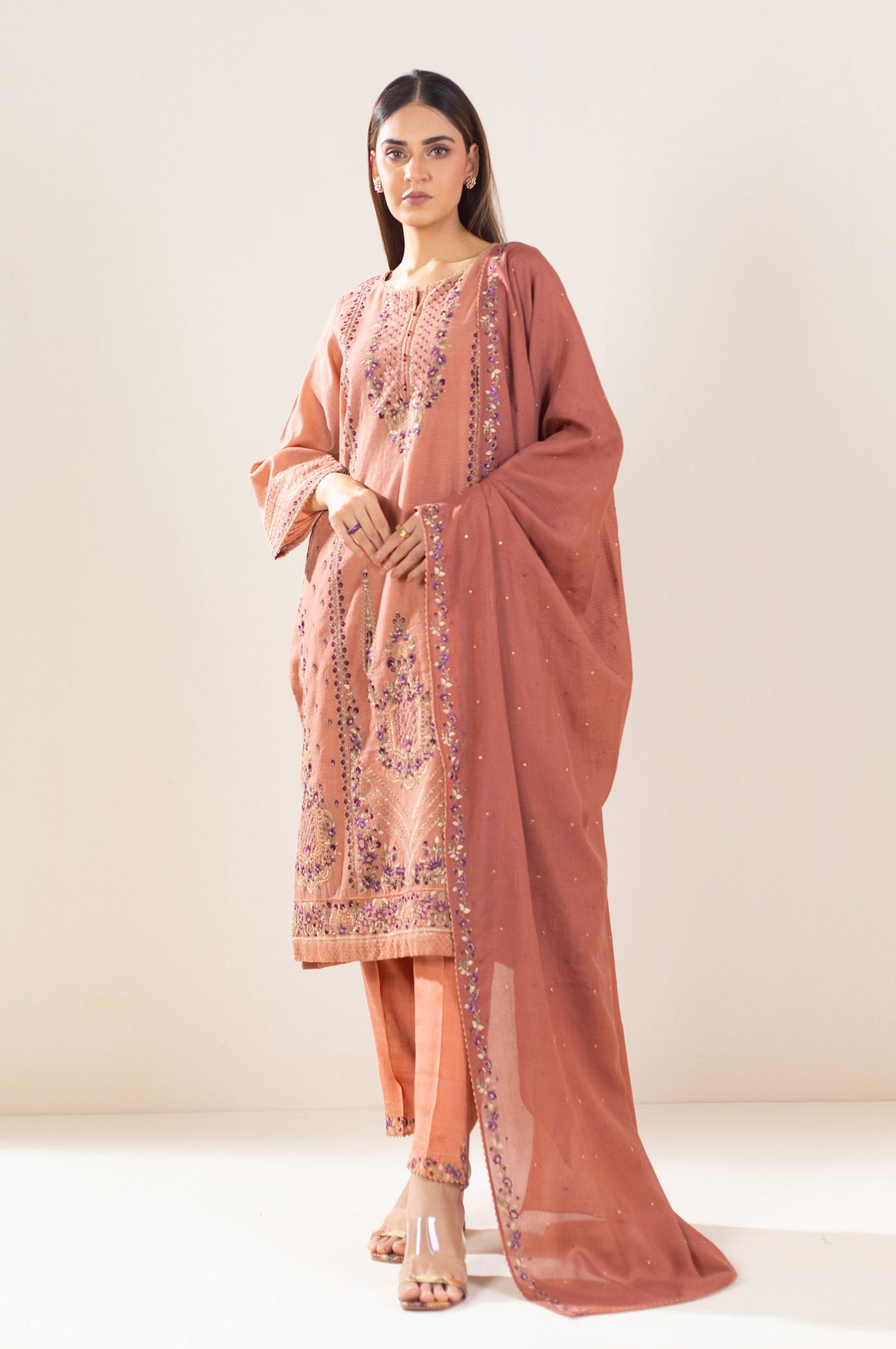 3 Piece Unstitched Embroidered Cotton Net Suit