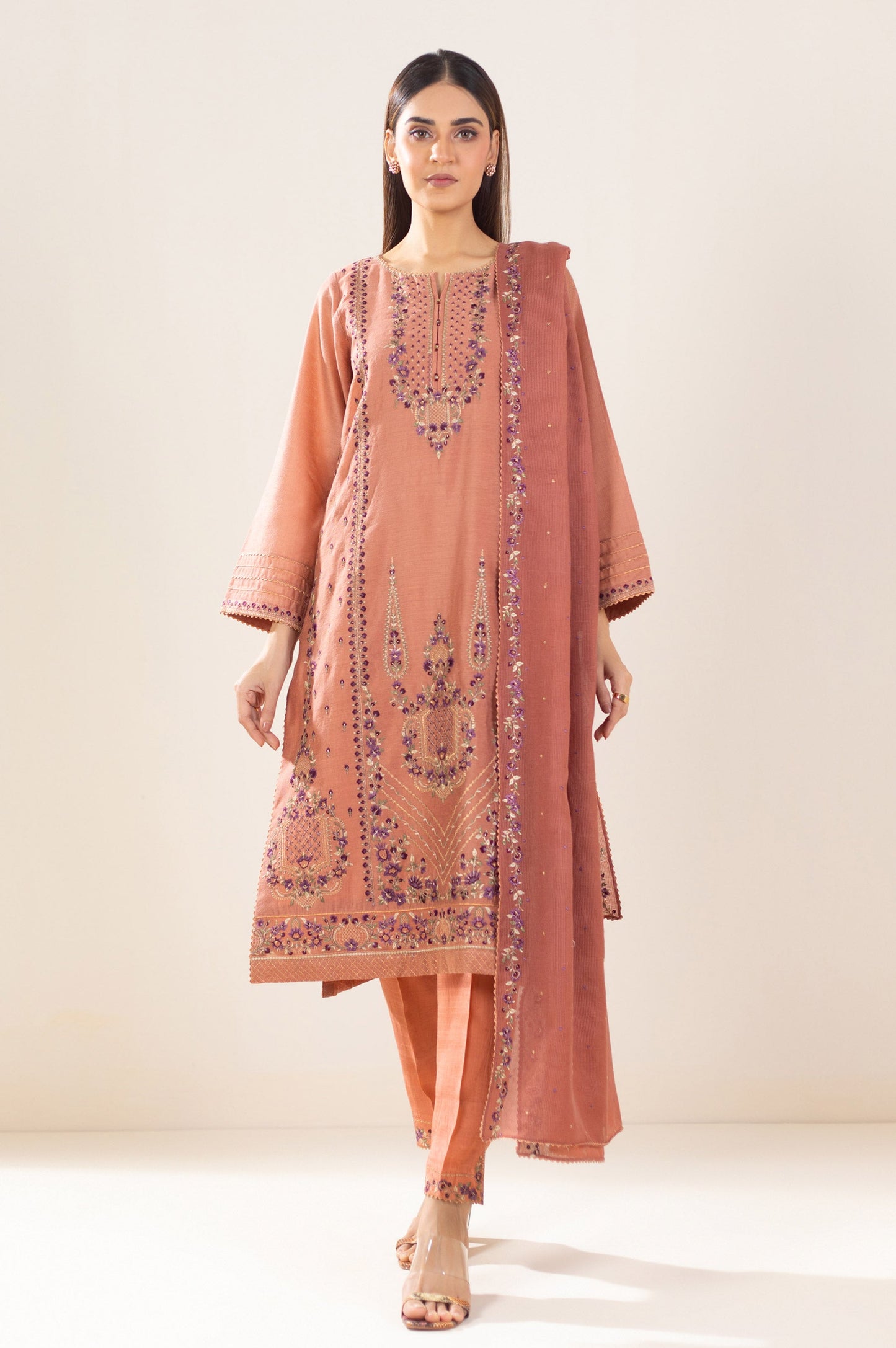 3 Piece Unstitched Embroidered Cotton Net Suit