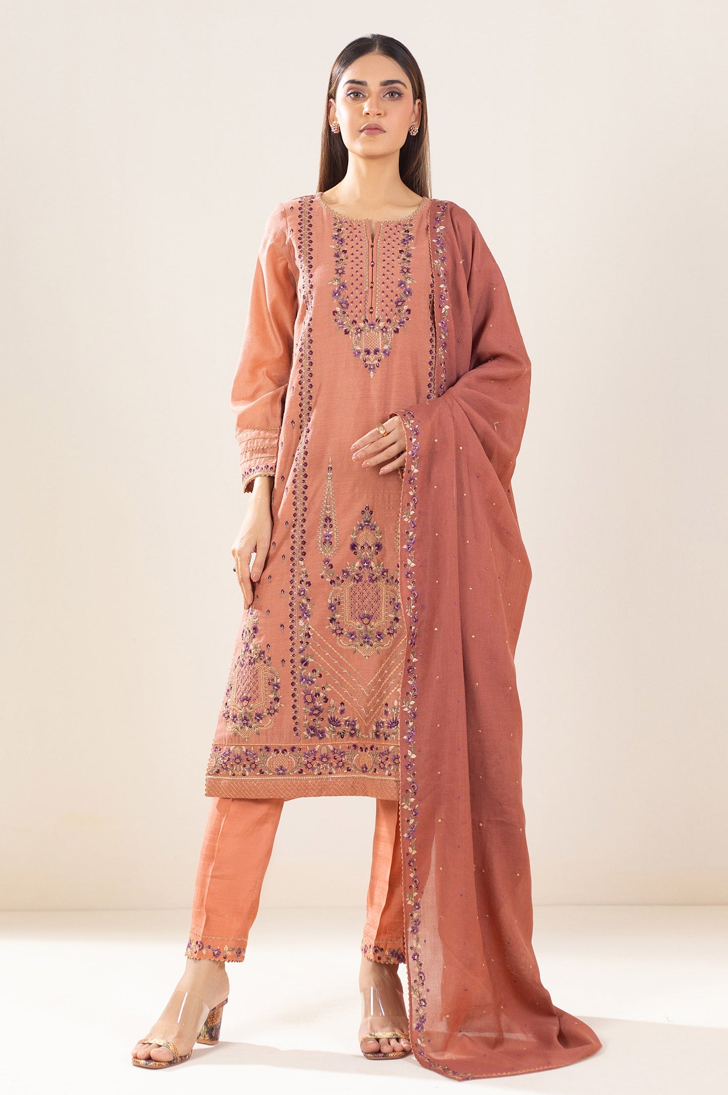 3 Piece Unstitched Embroidered Cotton Net Suit