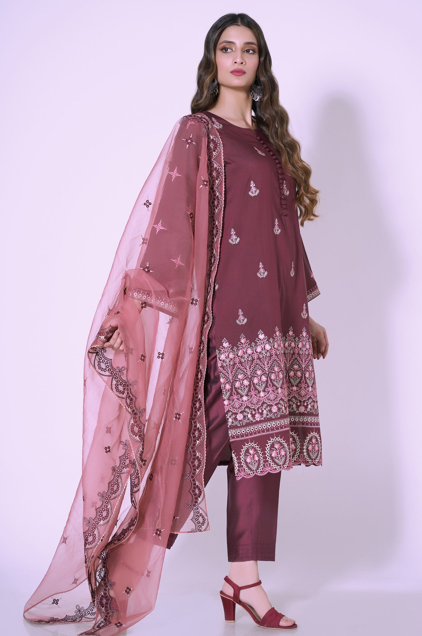 3 Piece Unstitched Embroidered Cotton silk Suit