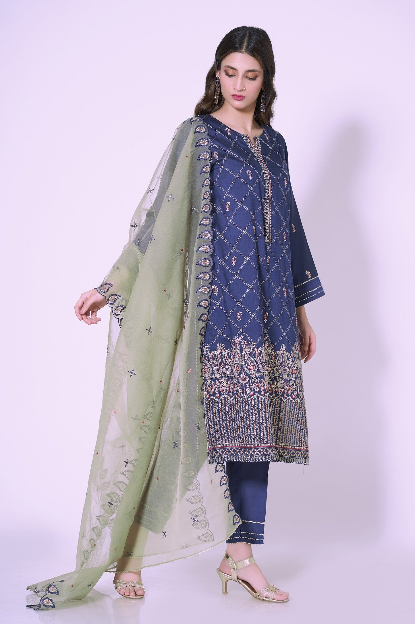 3 Piece Unstitched Embroidered Cotton silk Suit