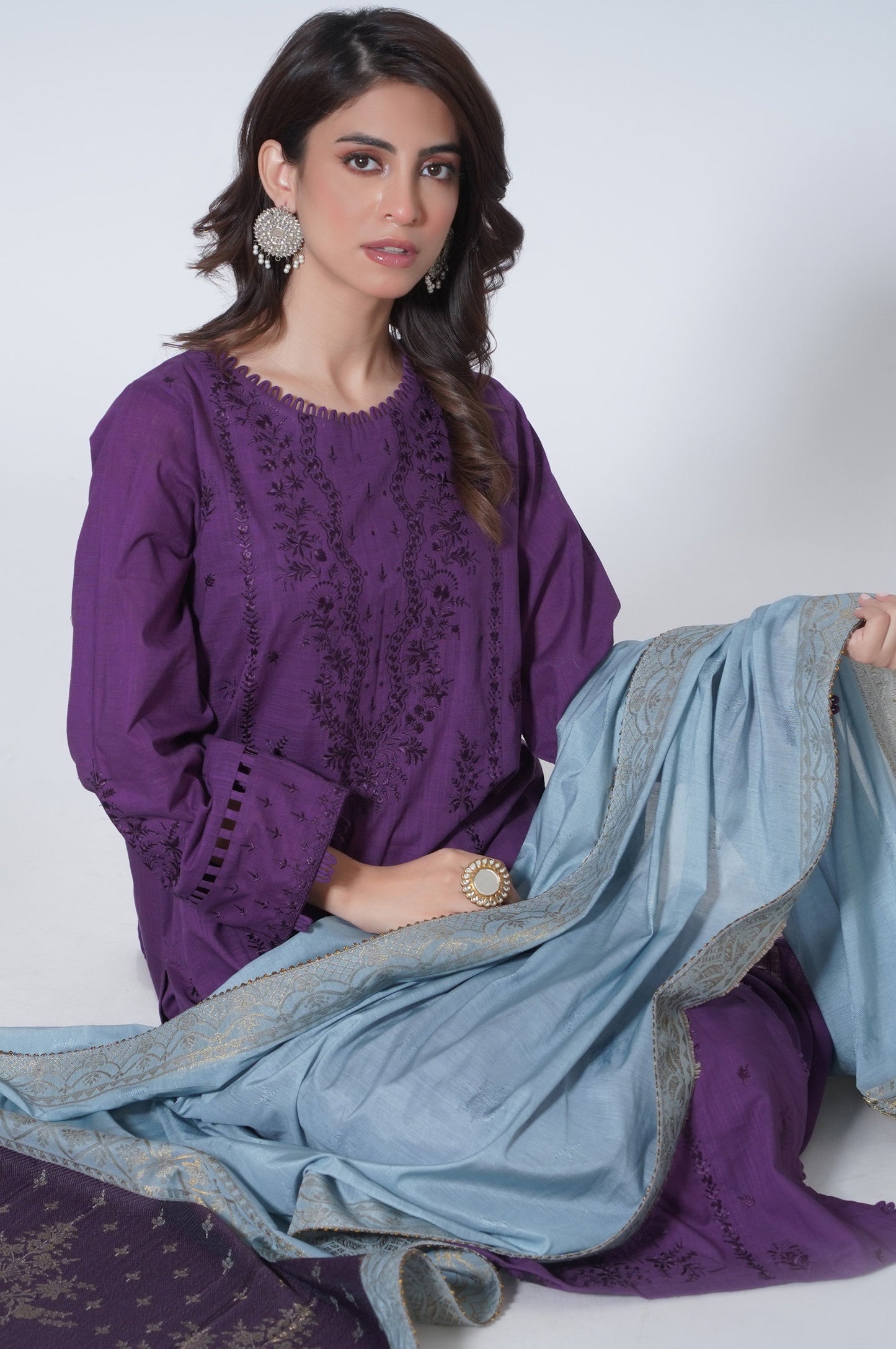 3 Piece Unstitched Embroidered Cotton Slub Suit