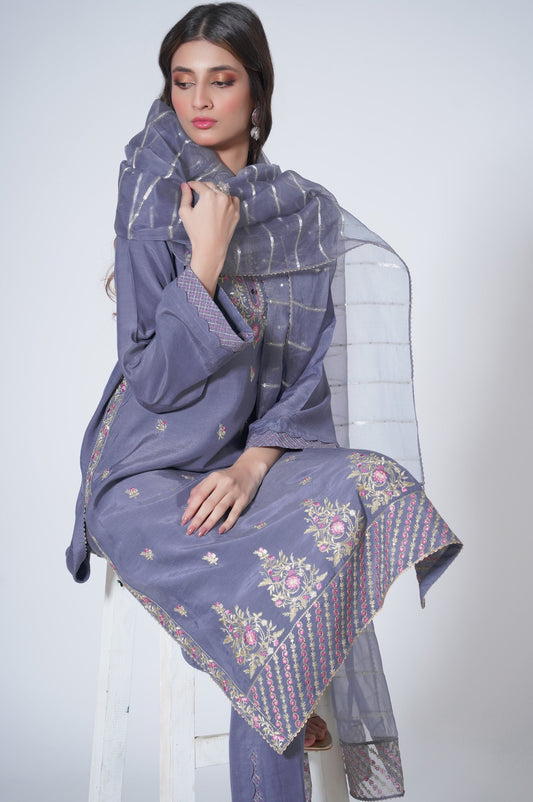 3 Piece Unstitched Embroidered Raw silk Suit