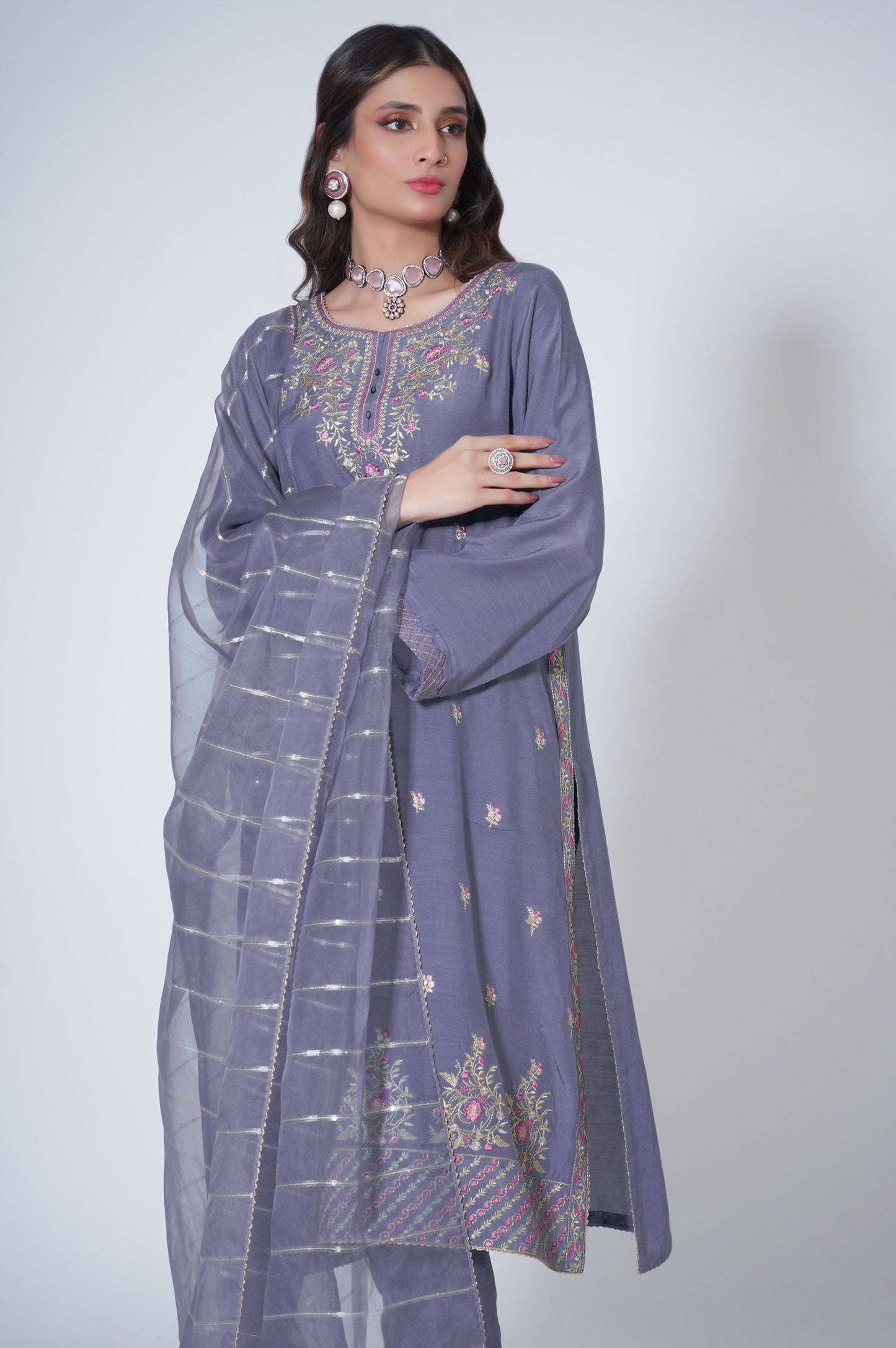3 Piece Unstitched Embroidered Raw silk Suit