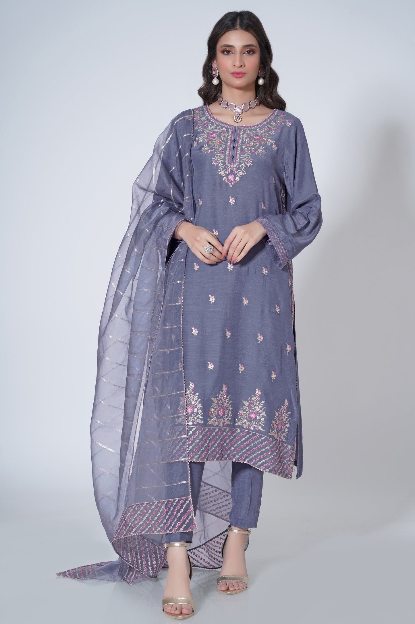3 Piece Unstitched Embroidered Raw silk Suit