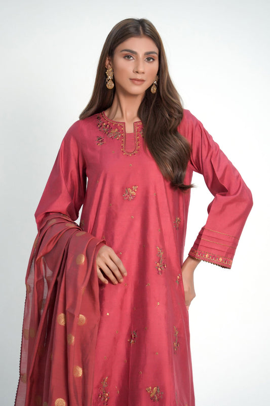 Unstitched 3 Piece Embroidered Cotton Net Suit