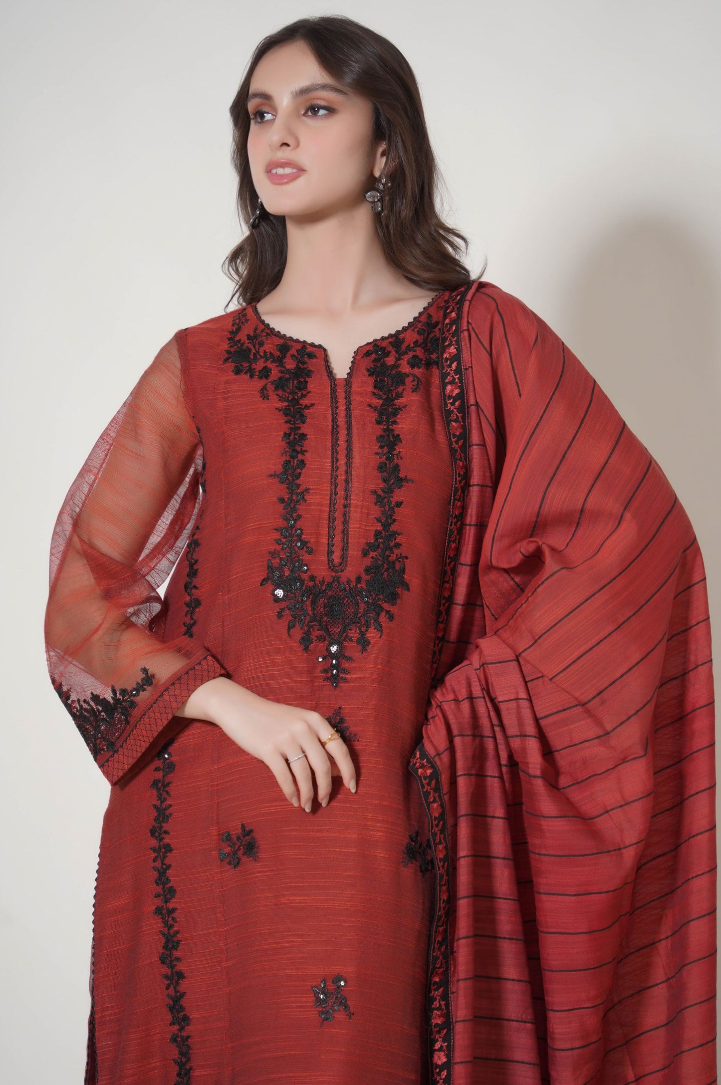 3 Piece Unstitched Embroidered Slub Khaddi Net Suit