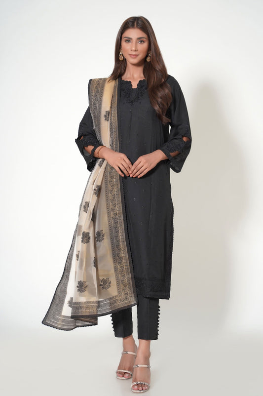 Unstitched 3 Piece Embroidered Cotton Silk Suit