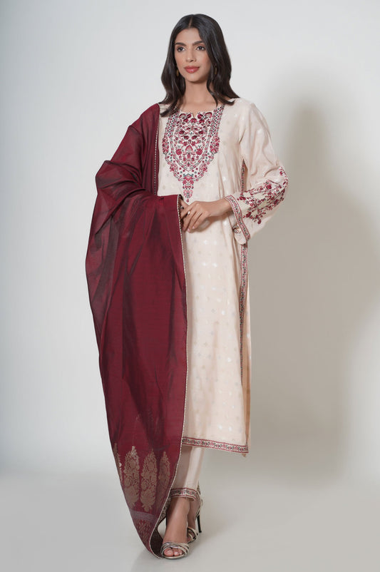 Unstitched 3 Piece Embroidered Zari Jacquard Suit