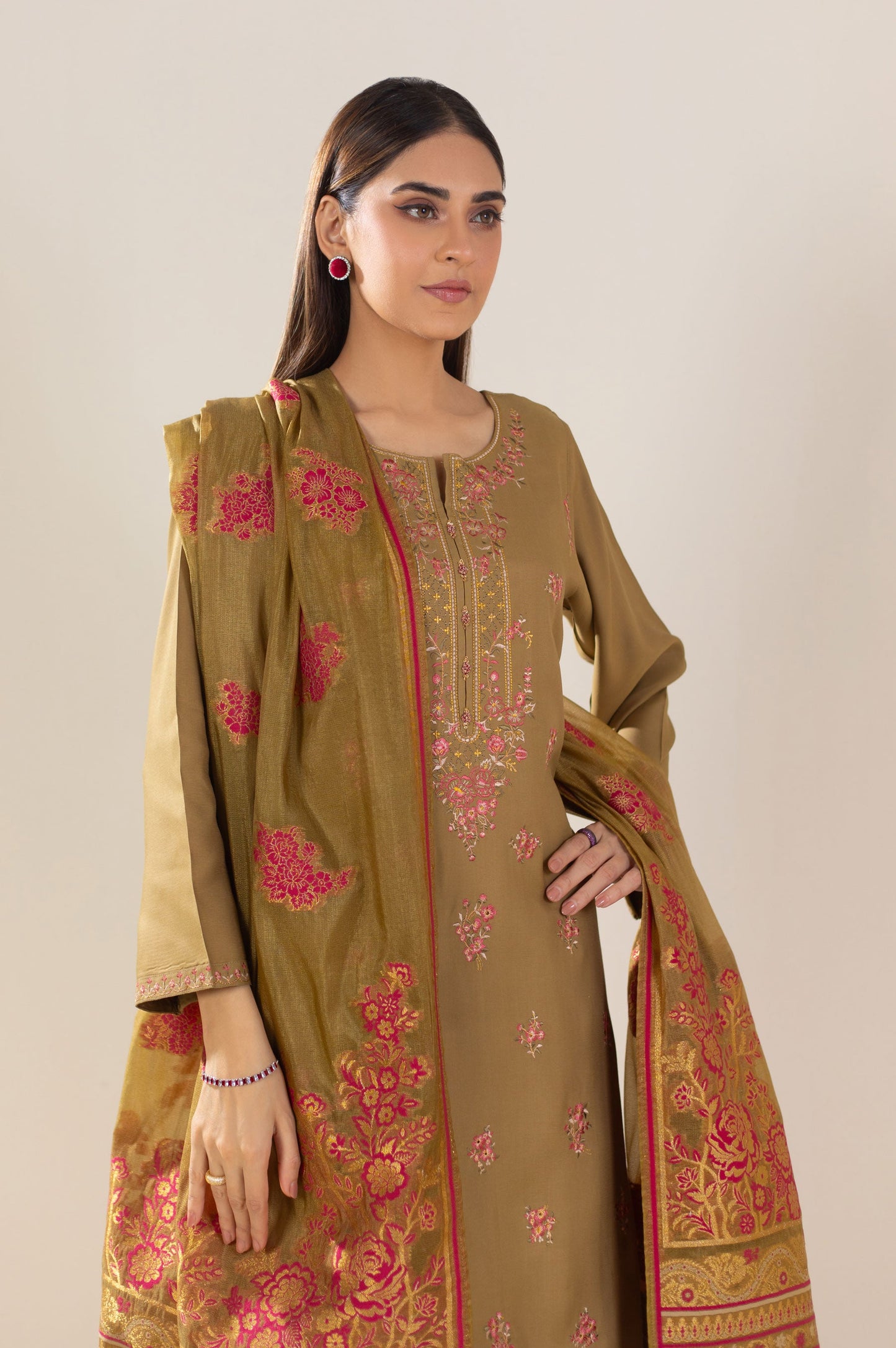 3 Piece Unstitched Embroidered Oak Silk Suit