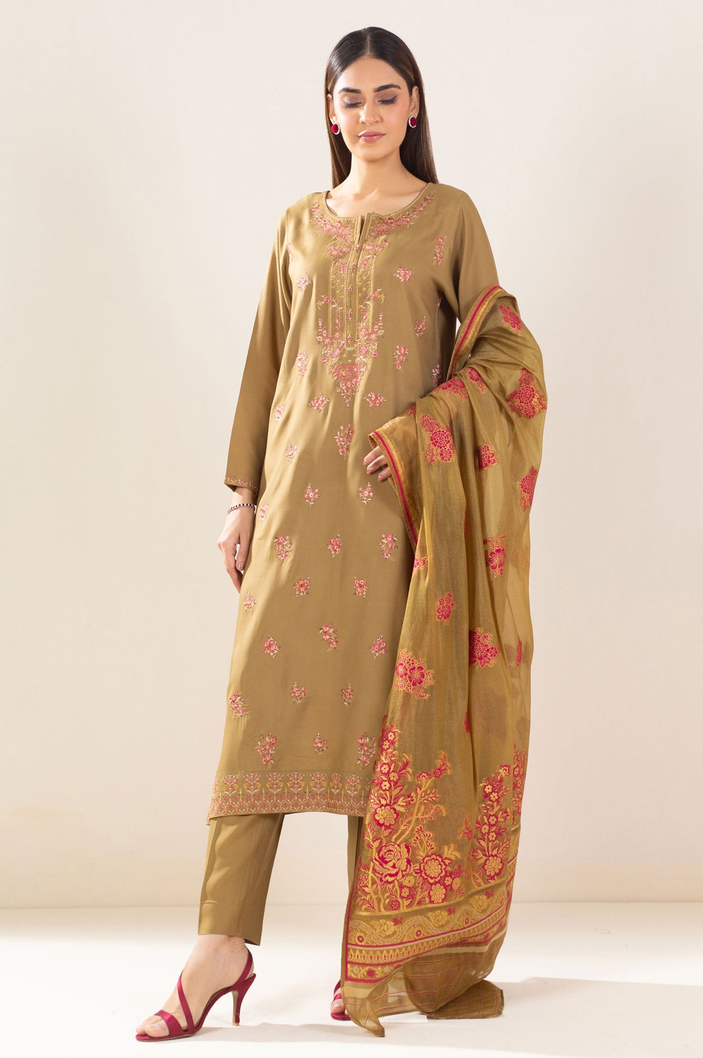 3 Piece Unstitched Embroidered Oak Silk Suit