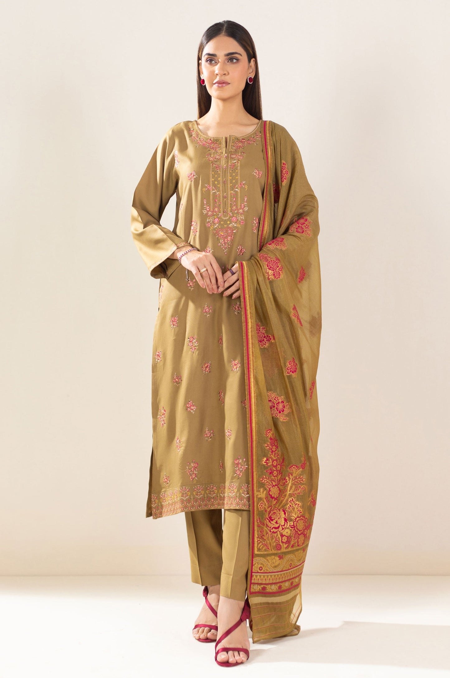 3 Piece Unstitched Embroidered Oak Silk Suit