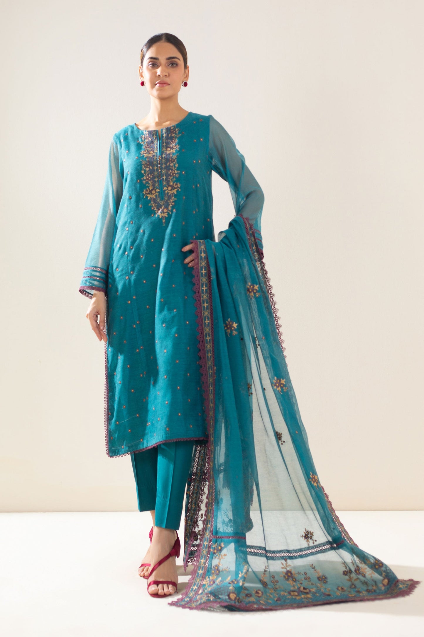 3 Piece Unstitched Embroidered Khaddi Net Suit