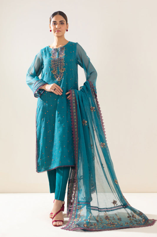 3 Piece Unstitched Embroidered Khaddi Net Suit