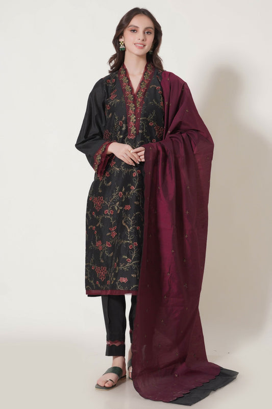 3 Piece Unstitched Embroidered Cotton Net Suit