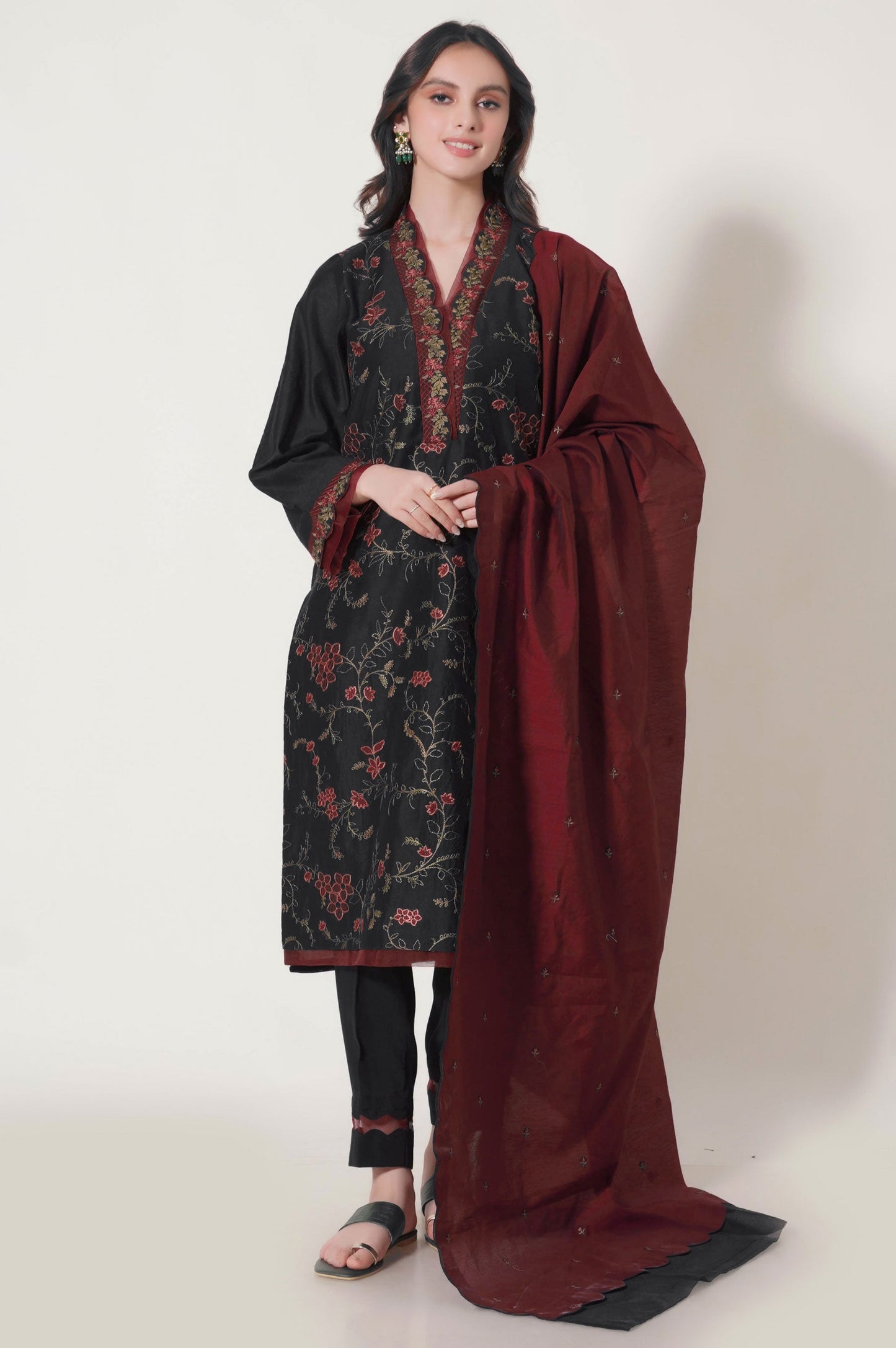3 Piece Unstitched Embroidered Cotton Net Suit