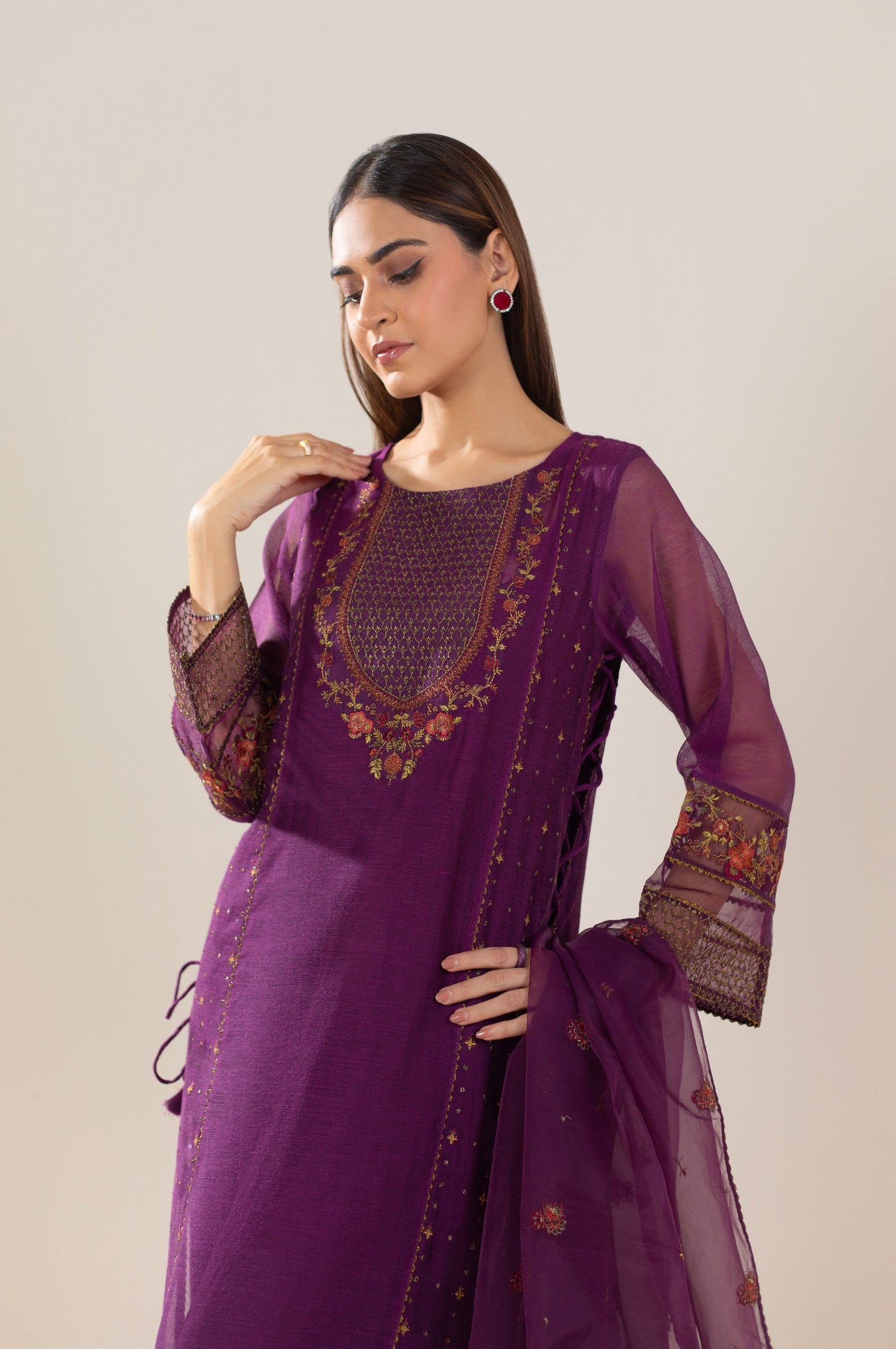 3 Piece Unstitched Embroidered Khaddi Net Suit