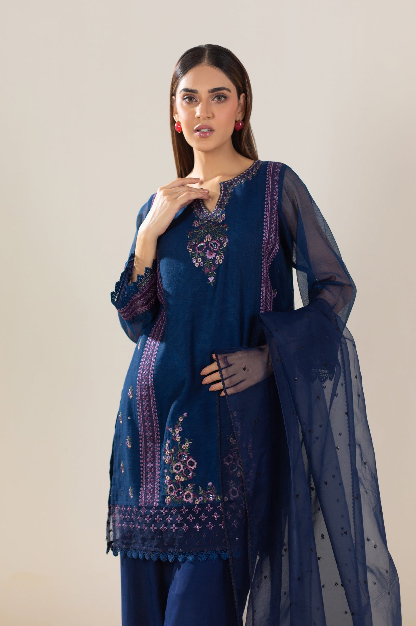 3 Piece Unstitched Embroidered Khaddi Net Suit