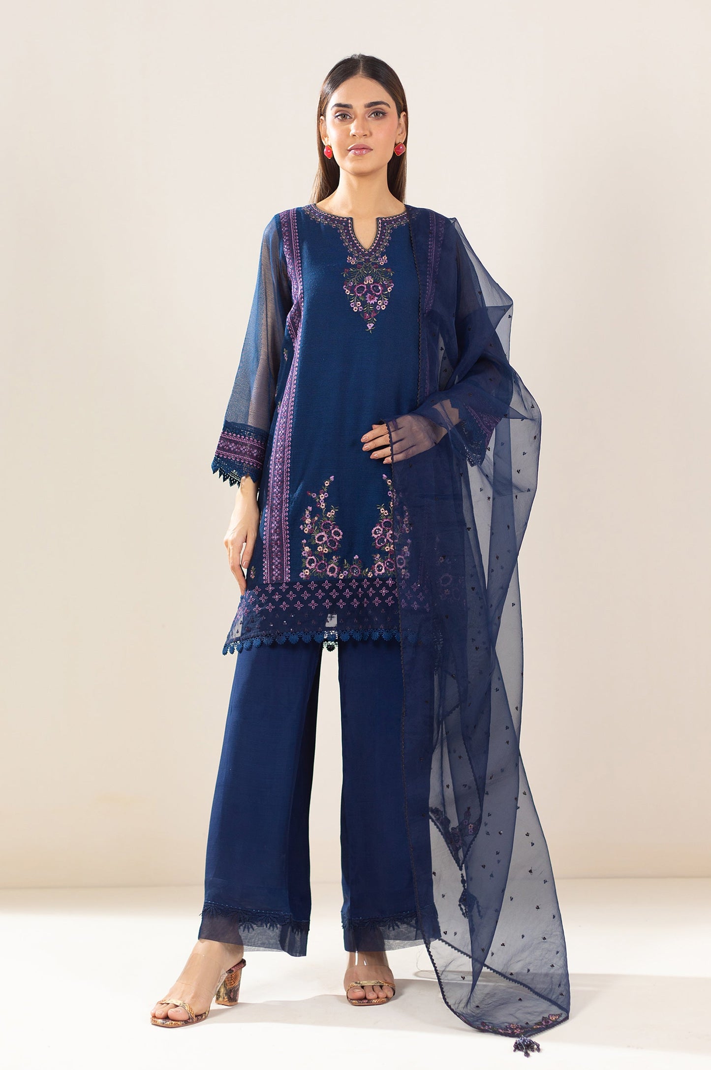 3 Piece Unstitched Embroidered Khaddi Net Suit