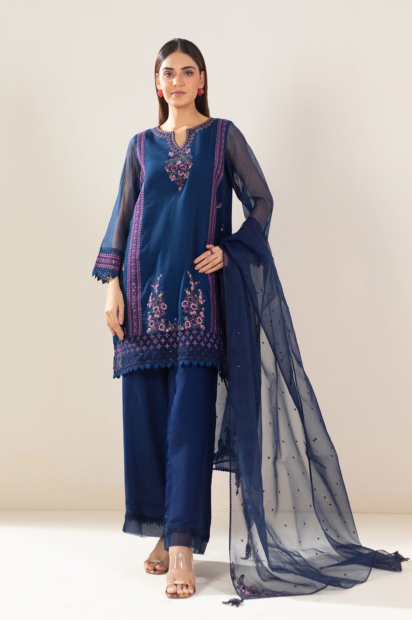 3 Piece Unstitched Embroidered Khaddi Net Suit