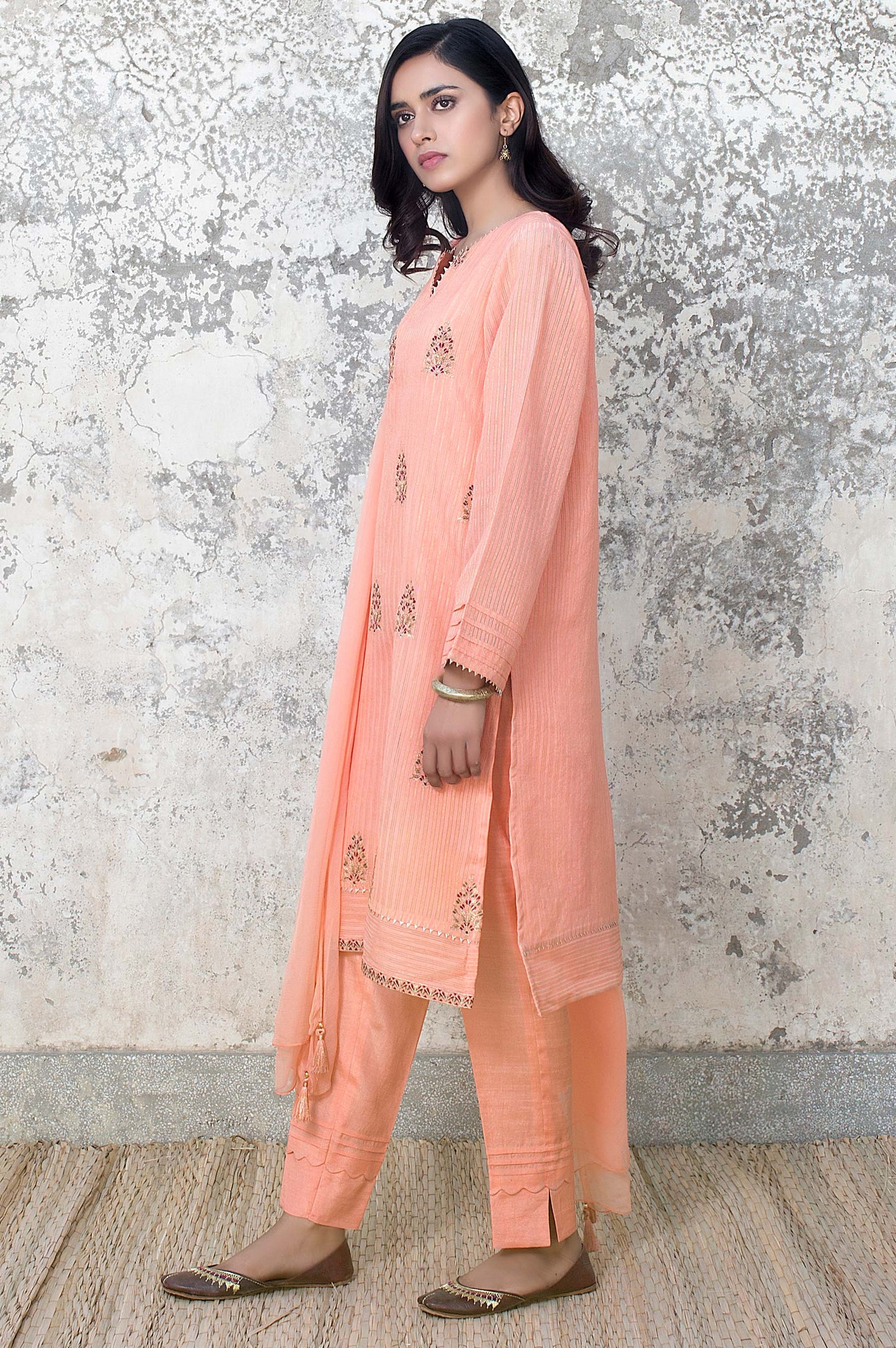 Stitched 2 Piece Stripe Cotton Embroidered Suit