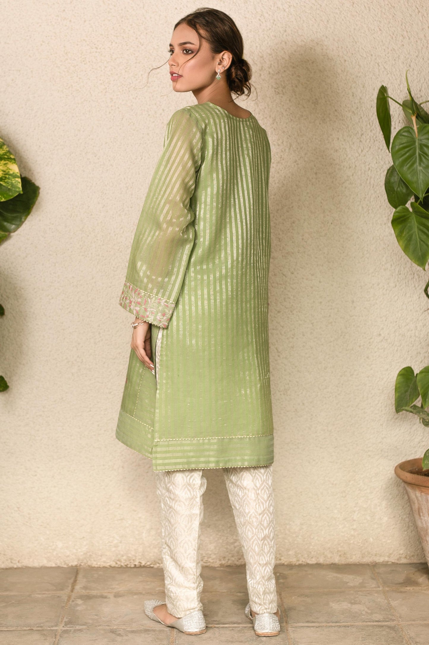 Stitched 1 Piece Zari Striped Embroidered Shirt