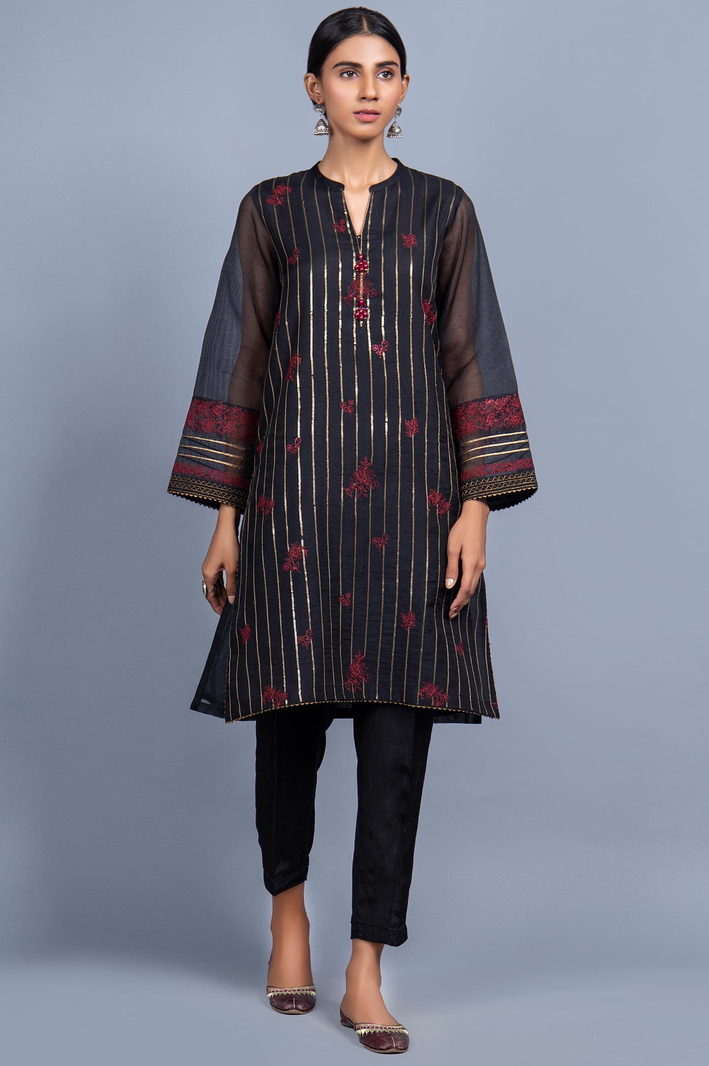 Stitched 1 Piece Organza Striped Embroidered Shirt