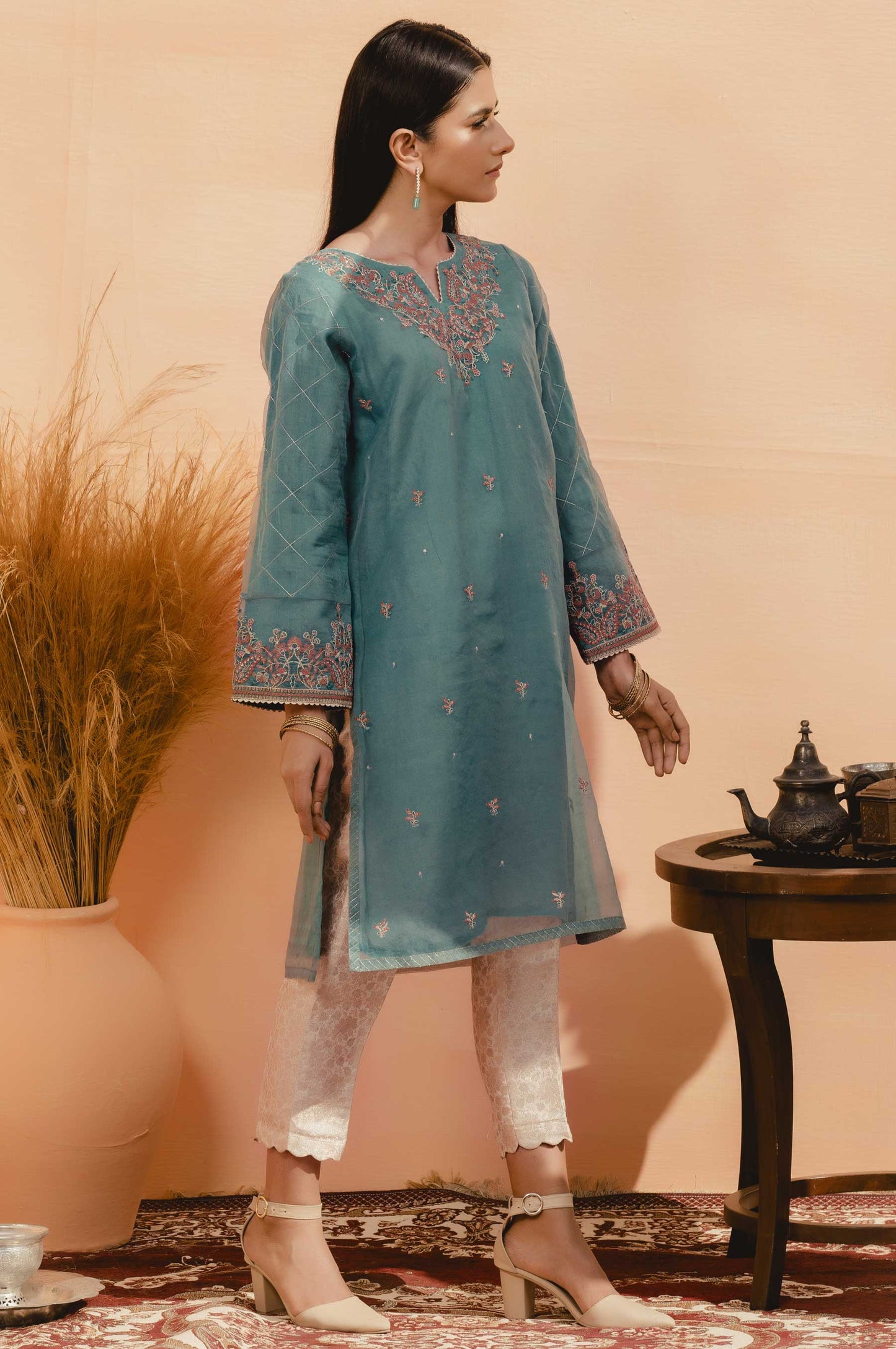 Stitched 1 Piece Organza Embroidered Shirt