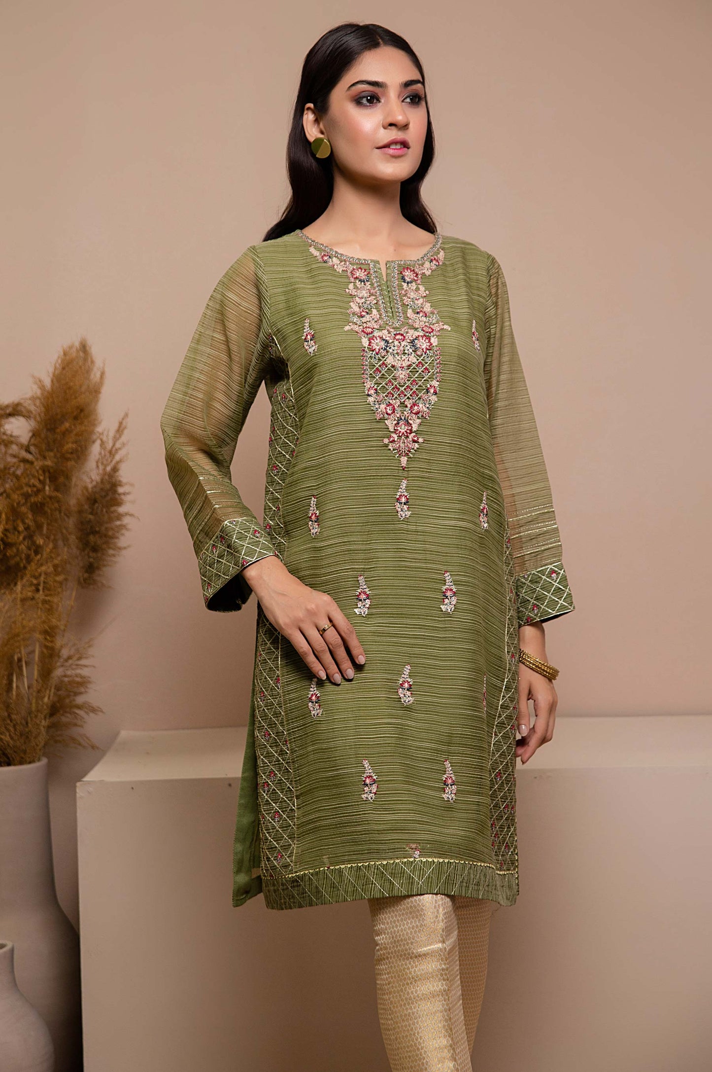 Stitched 1 Piece Organza Embroidered Shirt