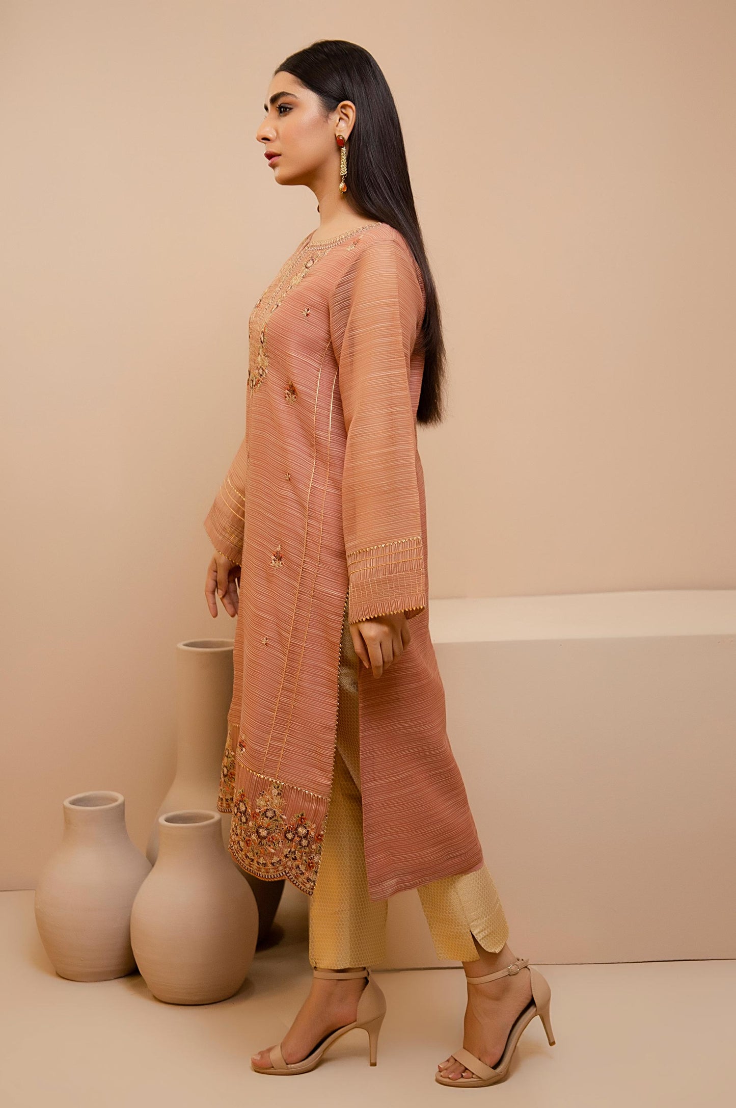 Stitched 1 Piece Slub Organza Embroidered Shirt