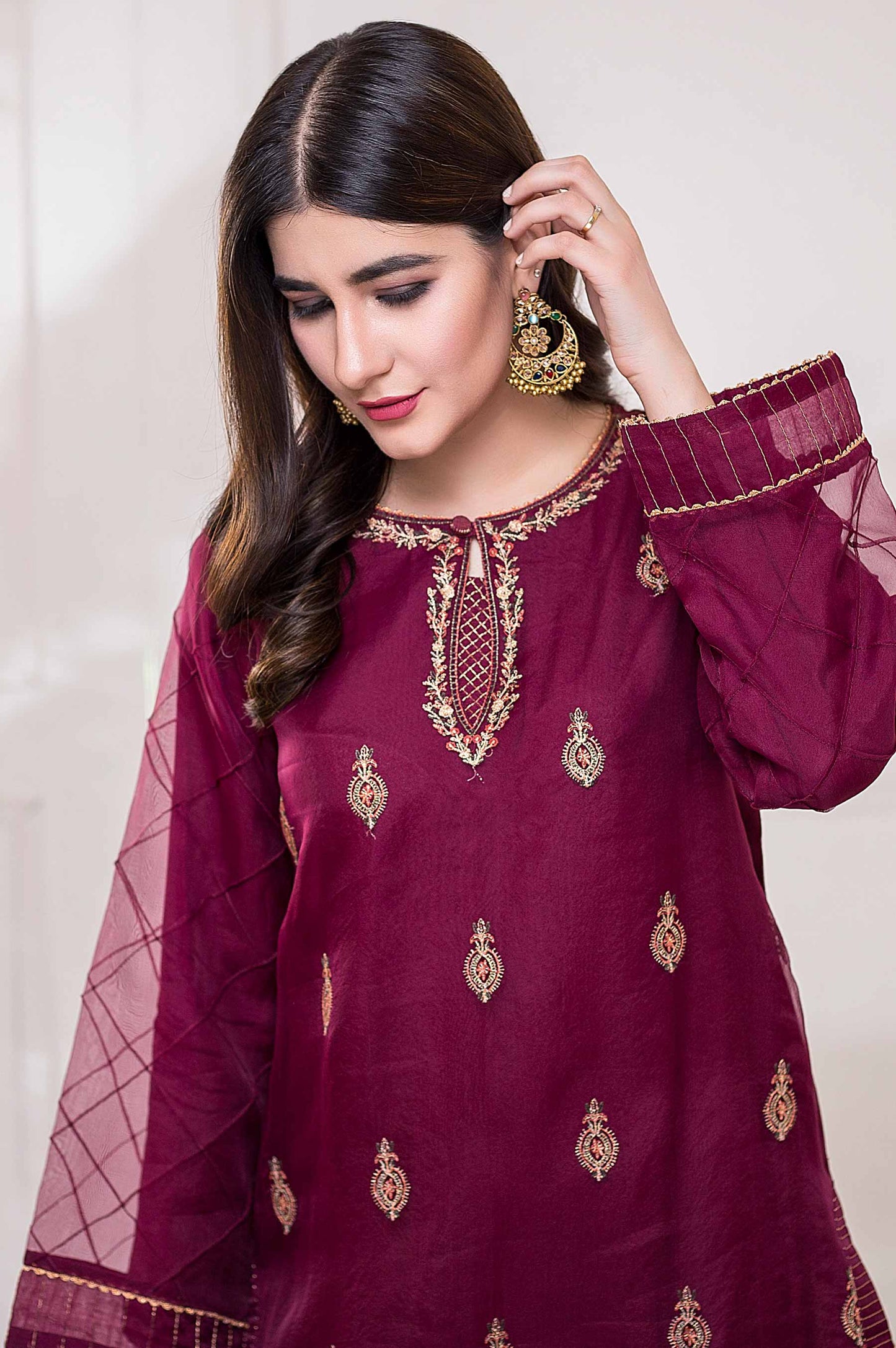 Stitched 1 Piece Embroidered Organza Shirt