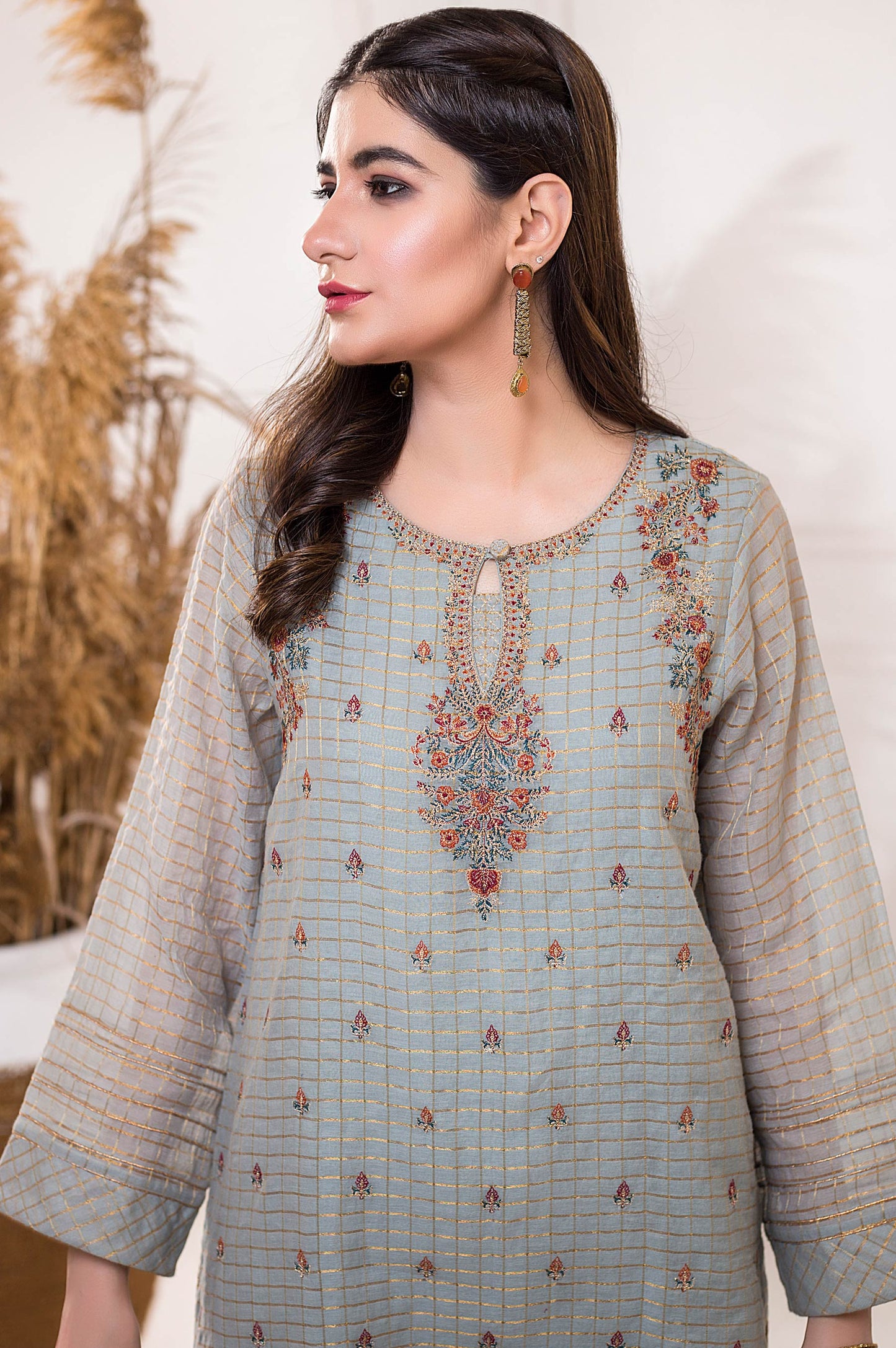 Stitched 1 Piece Zari Check Embroidered Shirt