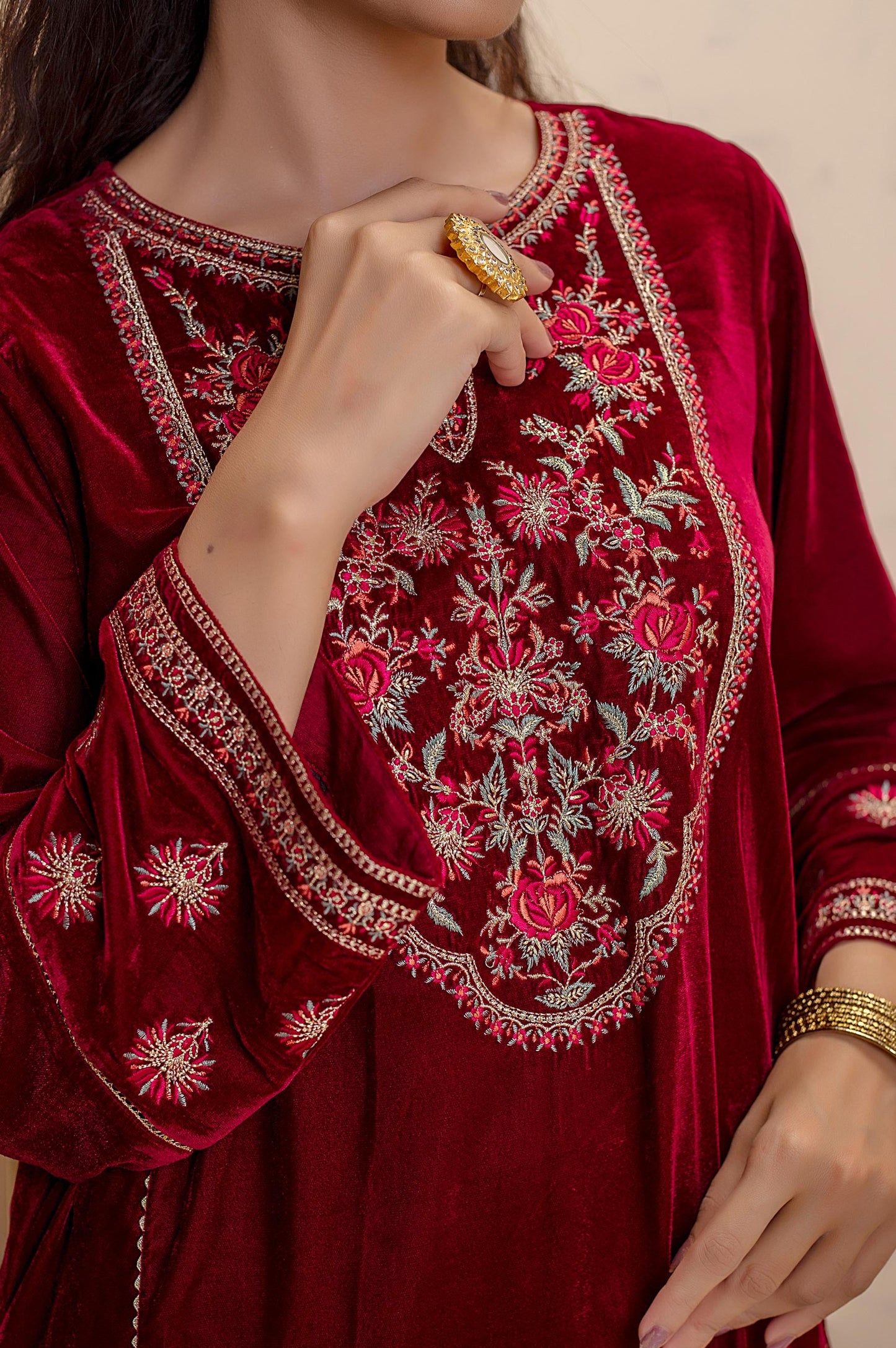 Stitched 1 Piece Velvet Embroidered Shirt