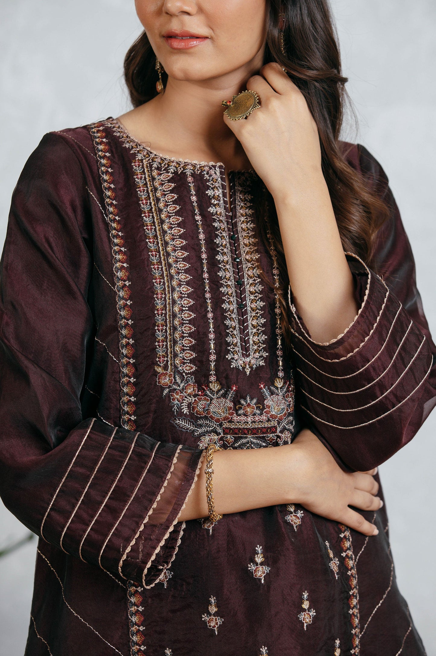 Stitched 1 Piece Organza Embroidered Shirt