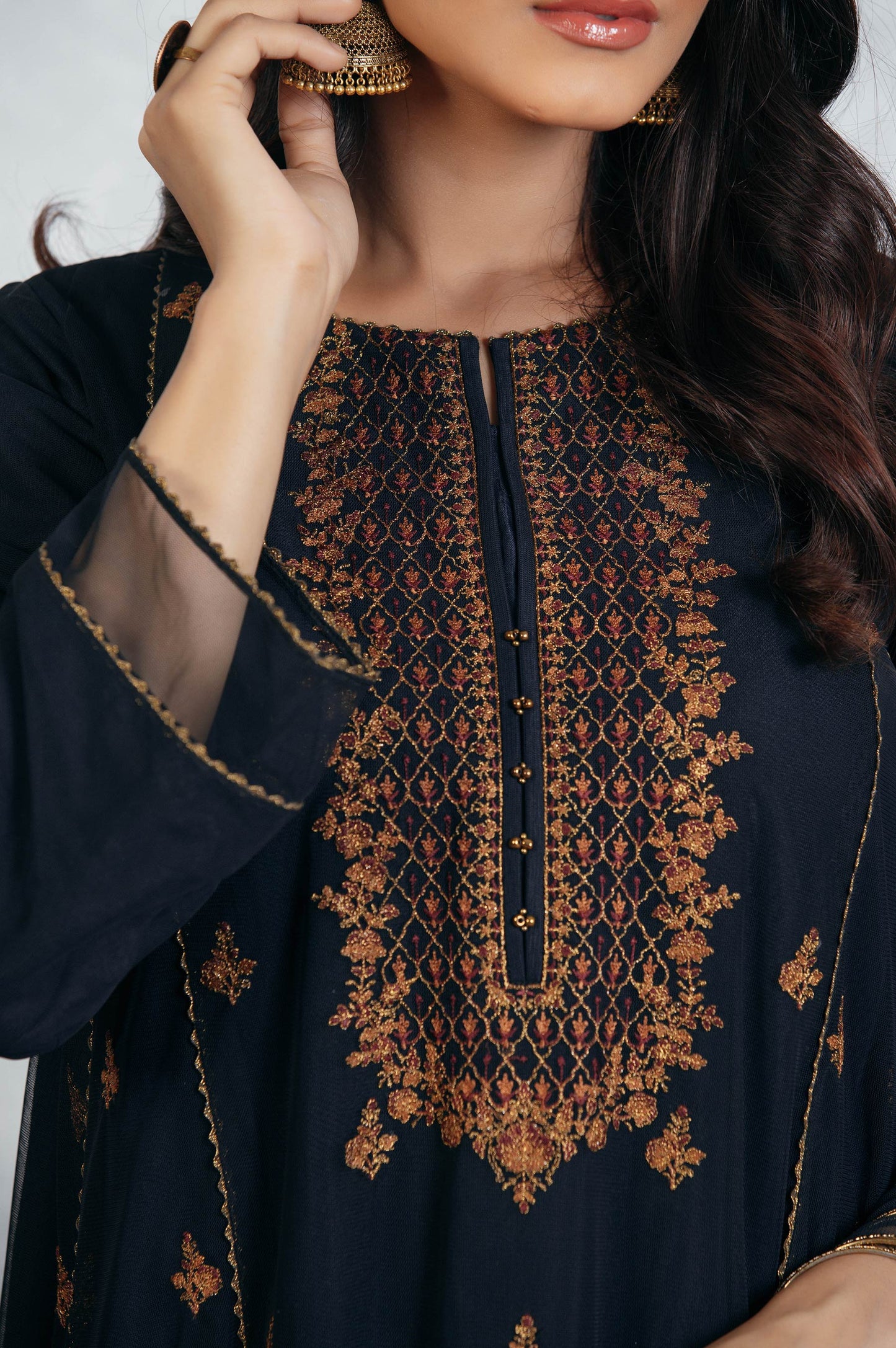 Stitched 1 Piece Poly net Embroidered Suit