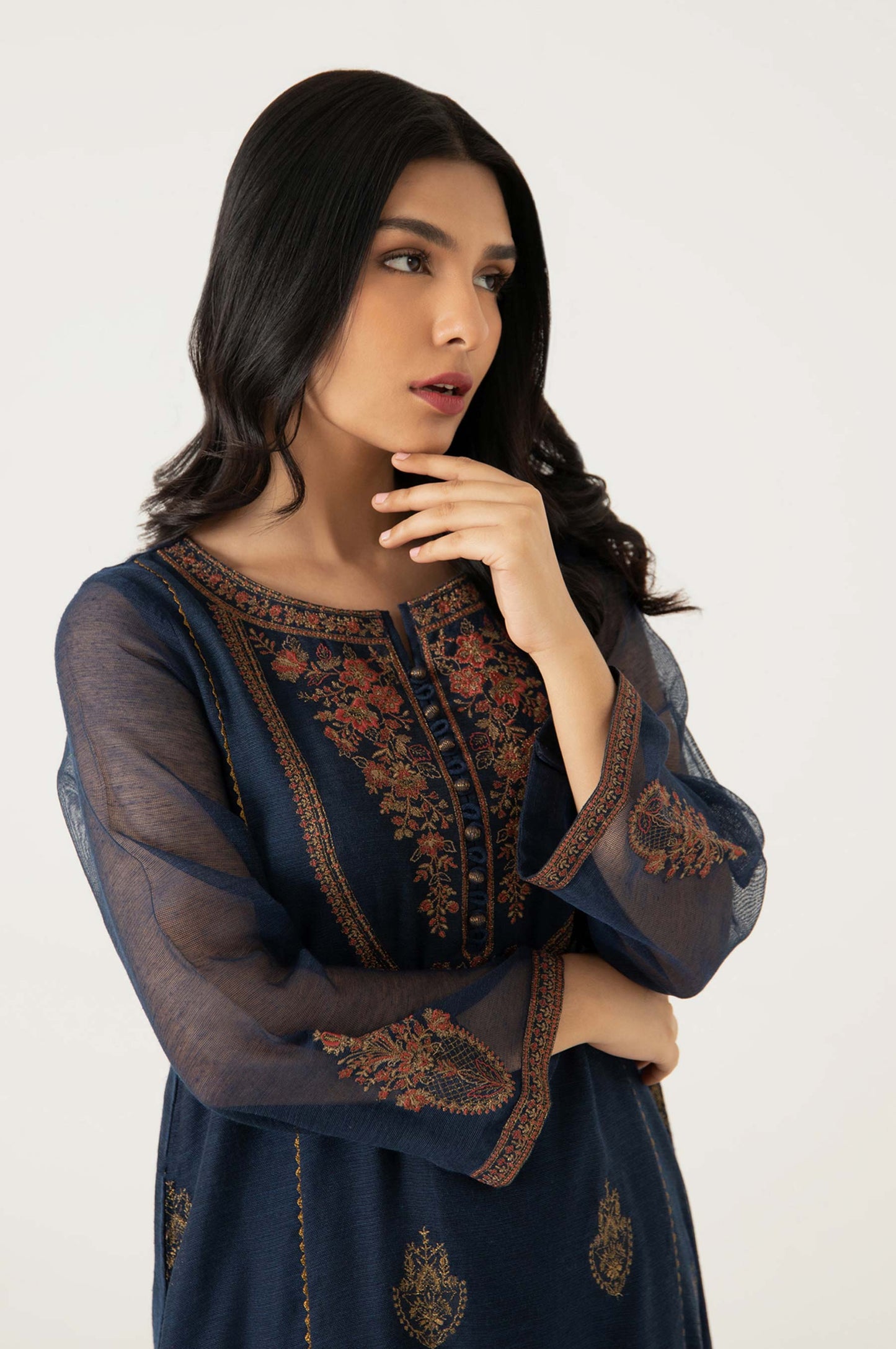 Stitched 1 Piece Khaddi Net Embroidered Shirt