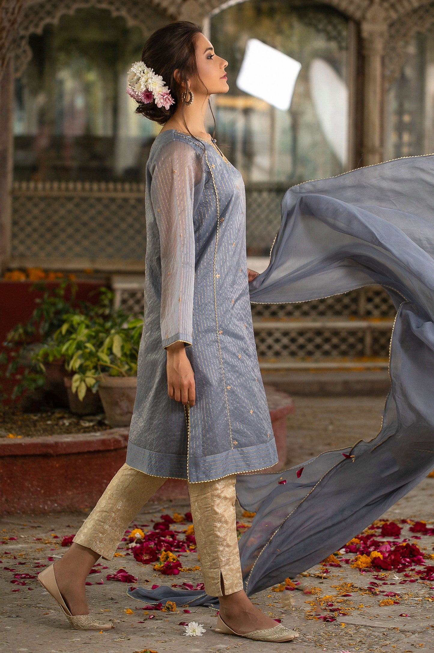 Stitched 2 Piece Striped Organza Embroidered Suit