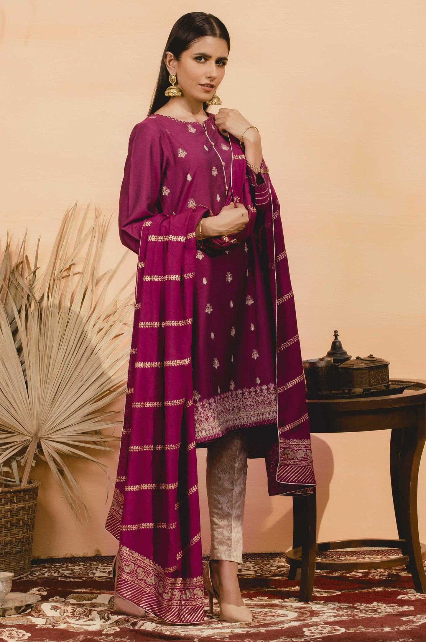 Stitched 2 Piece Raw Silk Embroidered Suit
