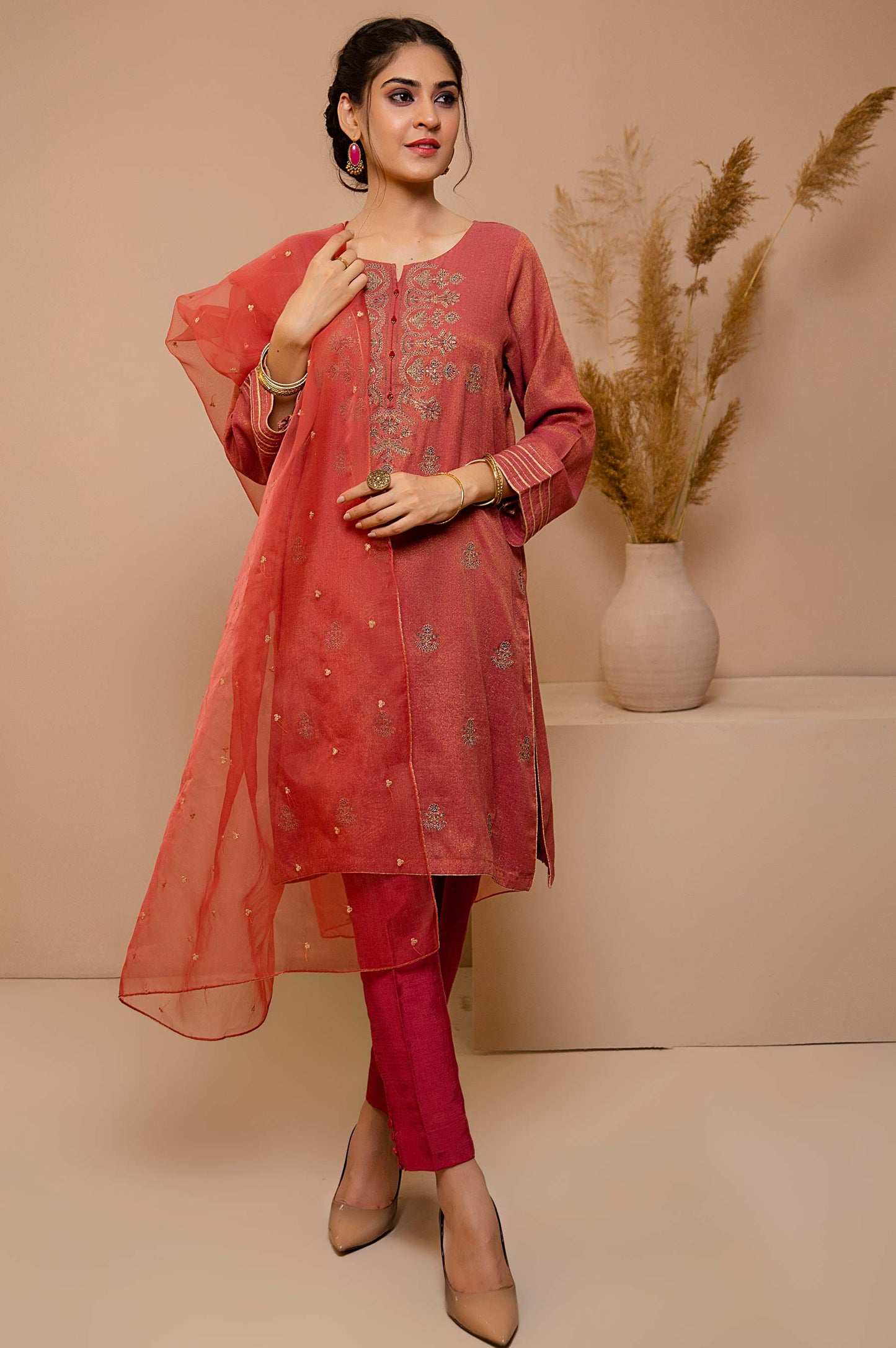 Stitched 2 Piece Zari Khaddi Net Embroidered Suit