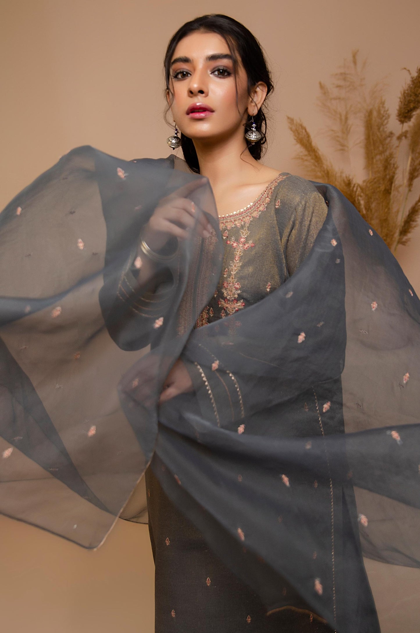 Stitched 2 Piece Zari Khaddi Net Embroidered Suit