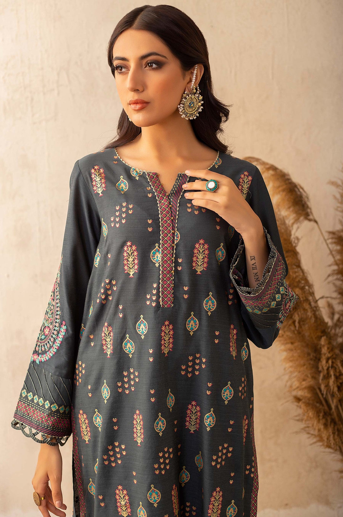 Stitched 2 Piece Cotton Silk Embroidered Suit