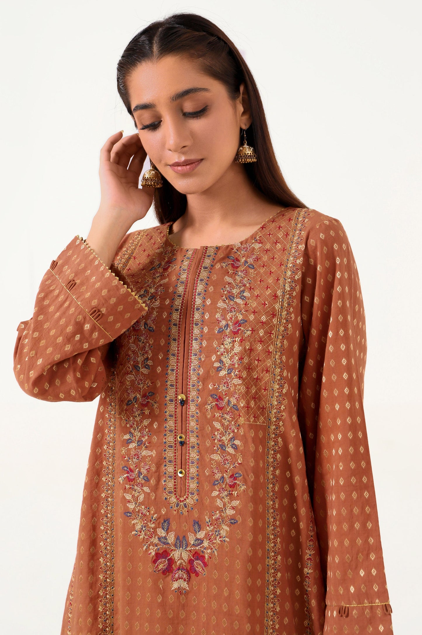 Stitched 2 Piece Cotton Jacquard Embroidered Suit