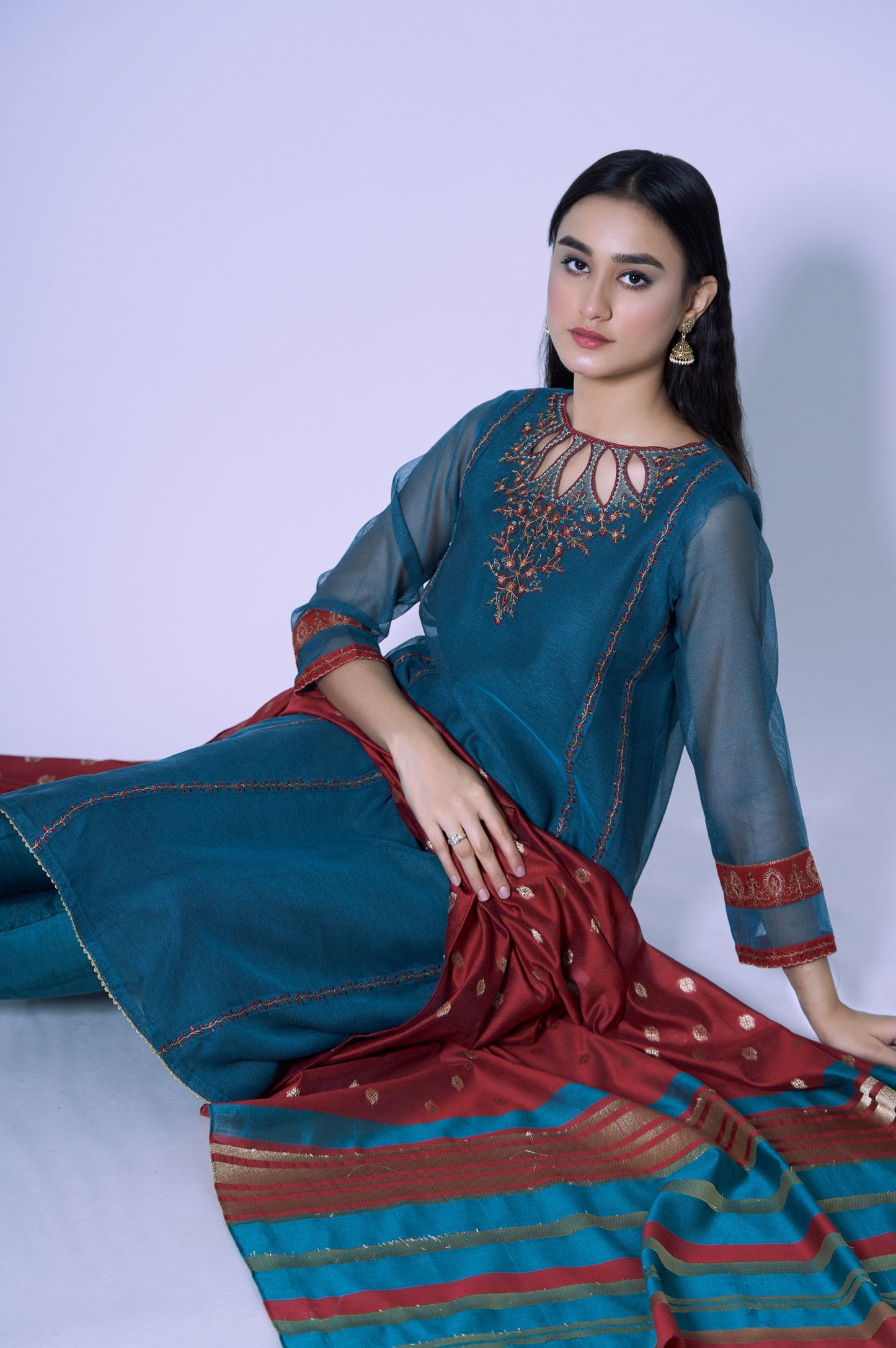 Stitched 2 Piece Khaddi Net Embroidered Shirt & Bottom