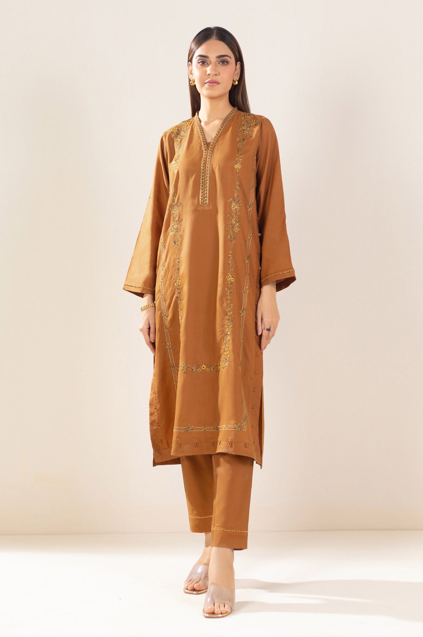 Stitched 2 Piece Embroidered Oak Silk Outfit